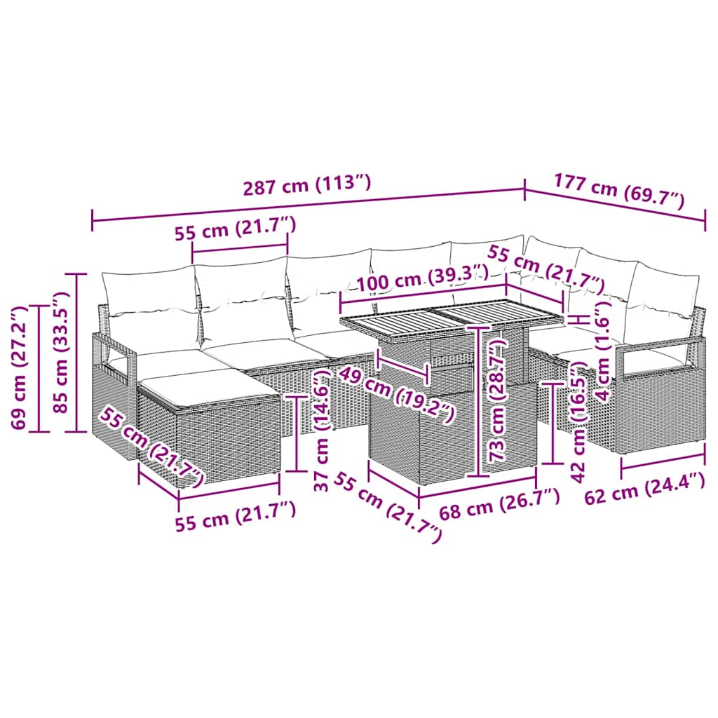 vidaXL Tuinbank Set met kussen 9 pcs Zwart en Crème