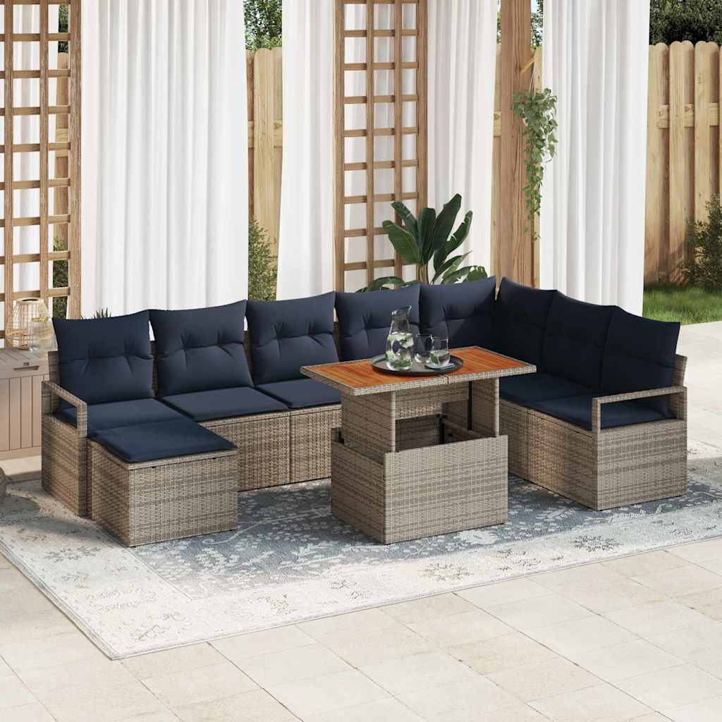 vidaXL Tuin Eettafel Set met kussen 9 pcs Grijs en Marineblauw