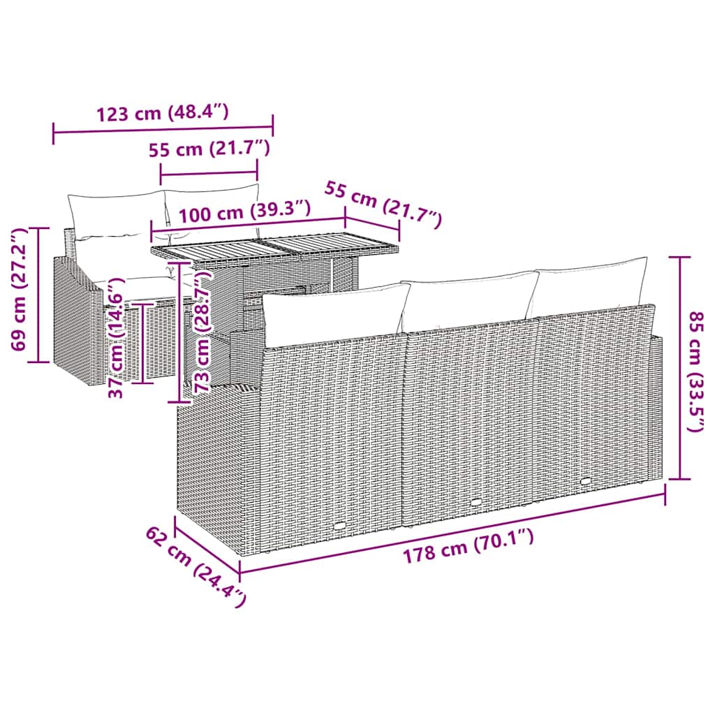 vidaXL Tuin Eettafel Set met kussen 6 pcs Zwart en Crème