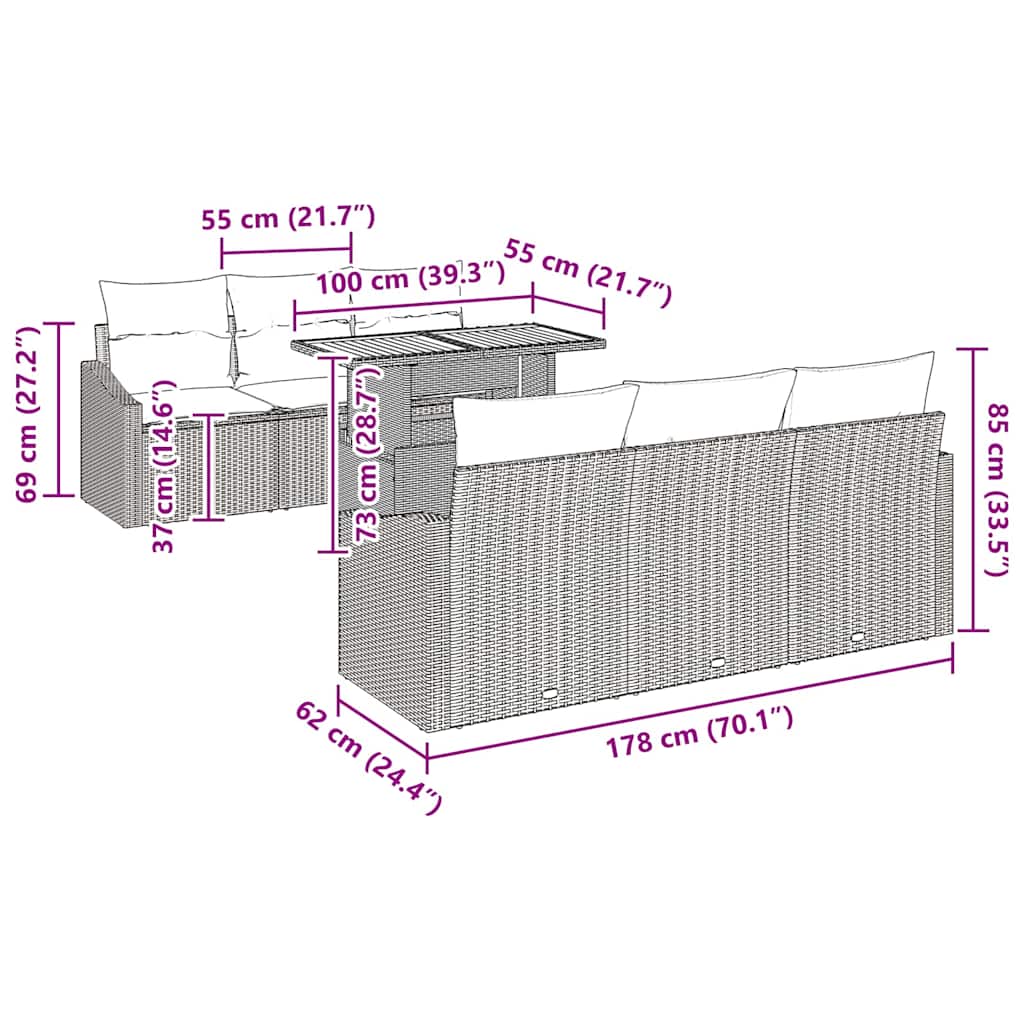 vidaXL Tuinbank Set met kussen met kussen 7 pcs Zwart en Crème
