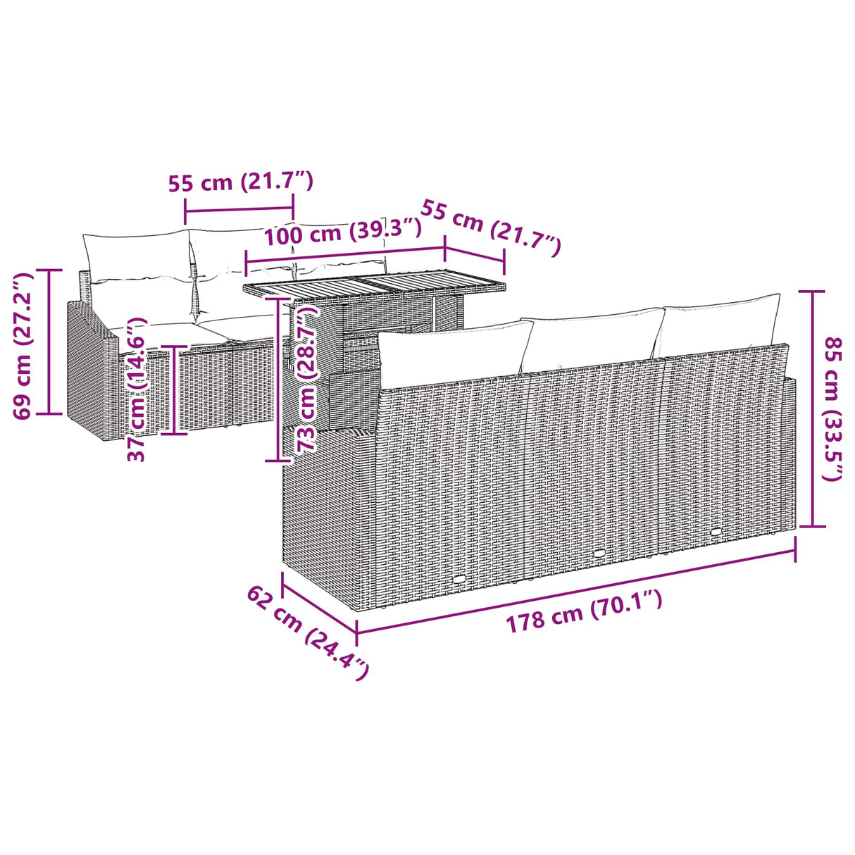 vidaXL Tuin Eettafel Set met kussen 7 pcs Zwart en Blauwgroen