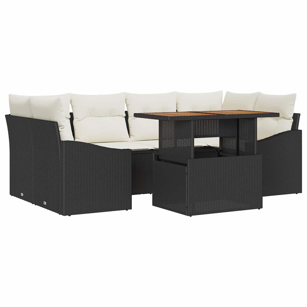 vidaXL Tuin Eettafel Set met kussen 7 pcs Zwart en Crème