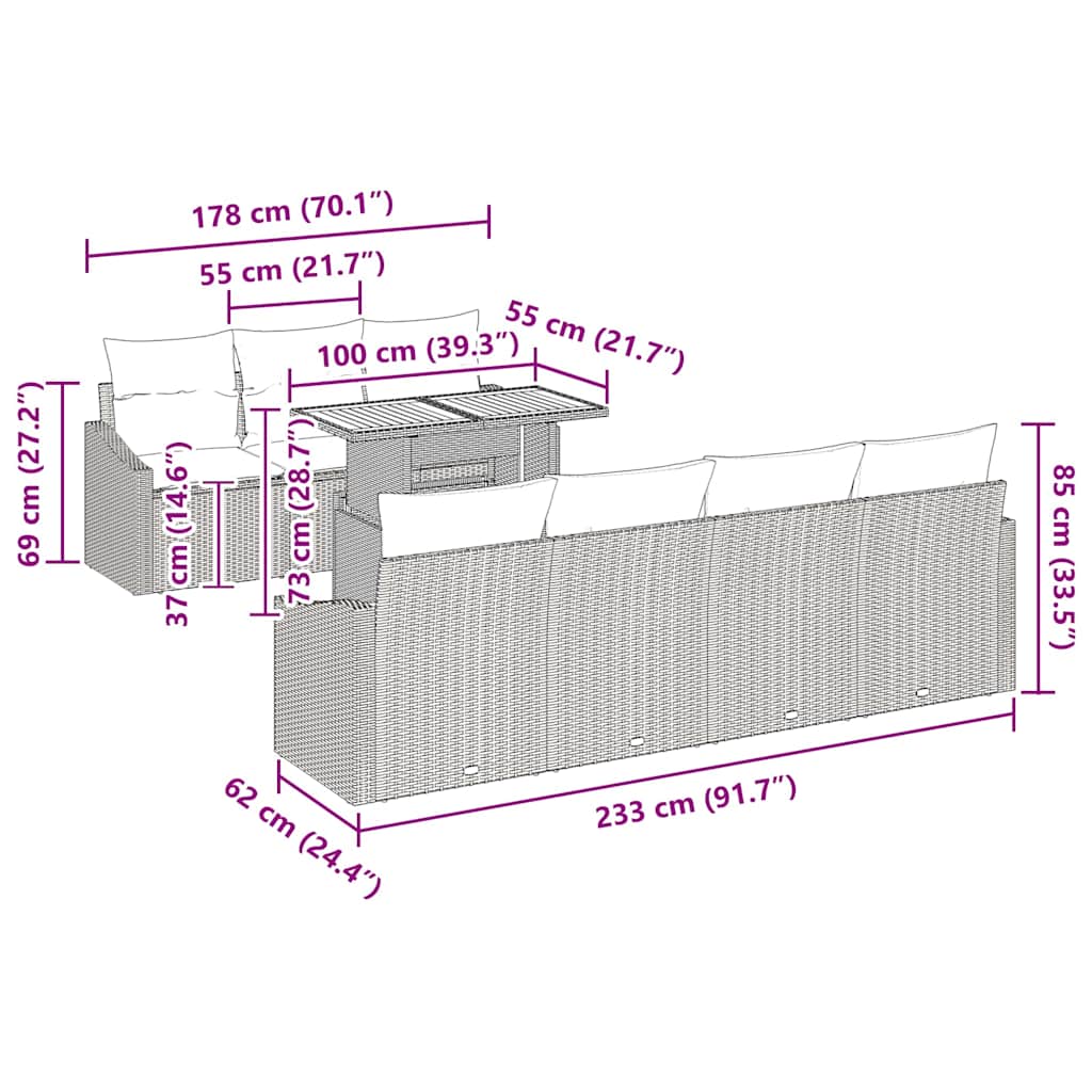 vidaXL Tuin Eettafel Set met kussen 8 pcs Zwart en Crème
