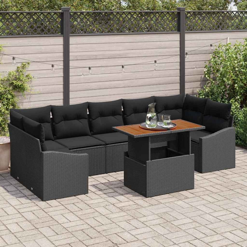vidaXL Tuin Eettafel Set met kussen 8 pcs Zwart en Crème