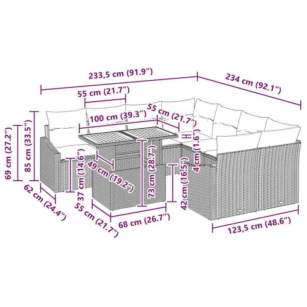 vidaXL Tuin Eettafel Set met kussen Zwart en Crème 100 x 55 x 73 cm