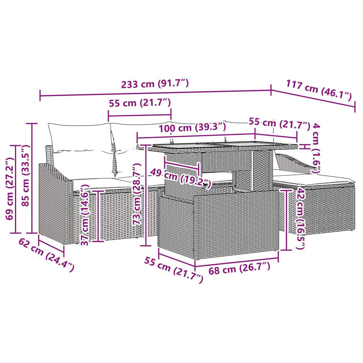 vidaXL Tuin Eettafel Set met kussen 6 pcs Zwart en Blauwgroen