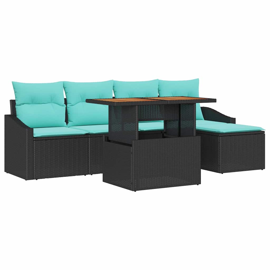 vidaXL Tuin Eettafel Set met kussen 6 pcs Zwart en Blauwgroen