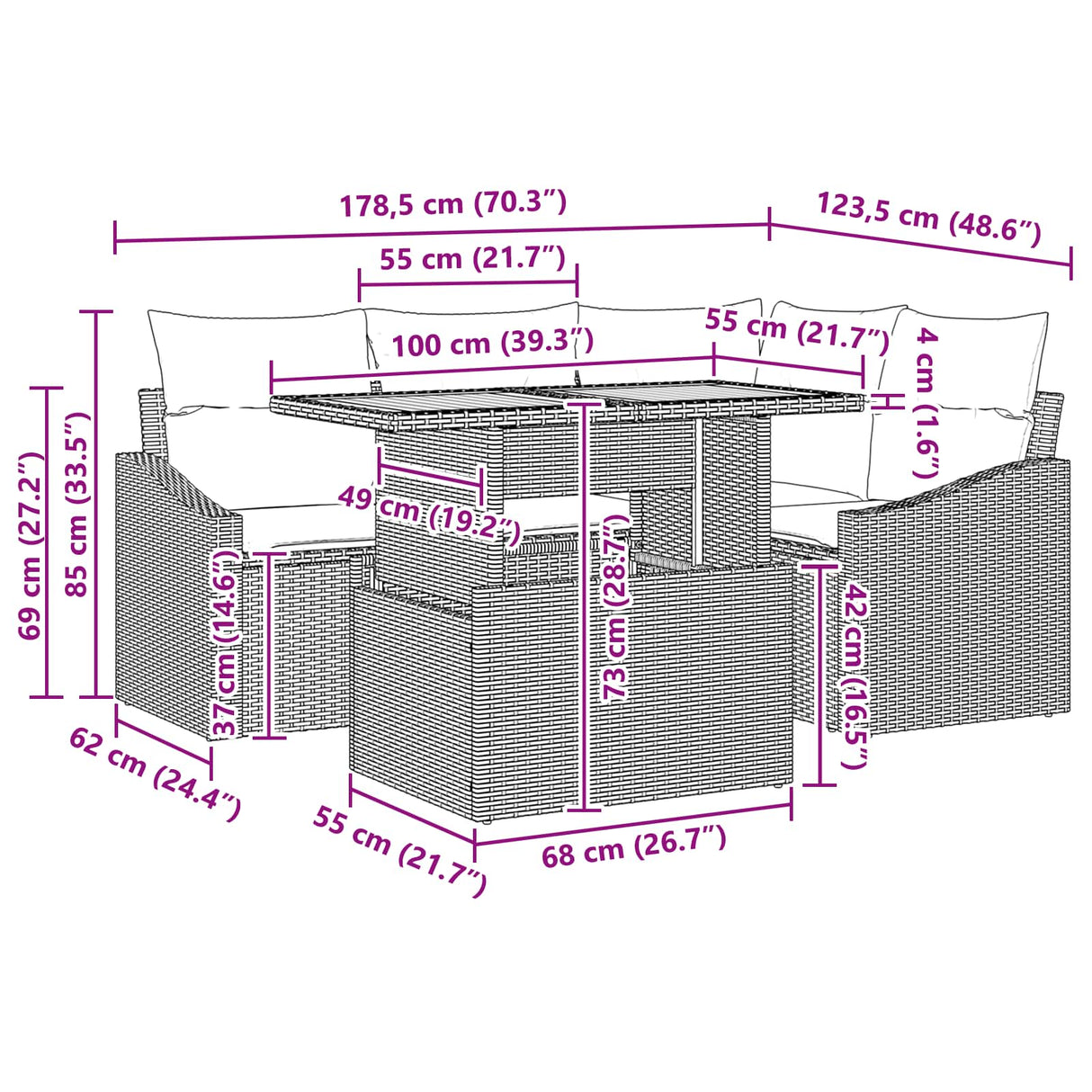 vidaXL Tuin Eettafel Set met kussen 5 pcs Zwart en Blauwgroen