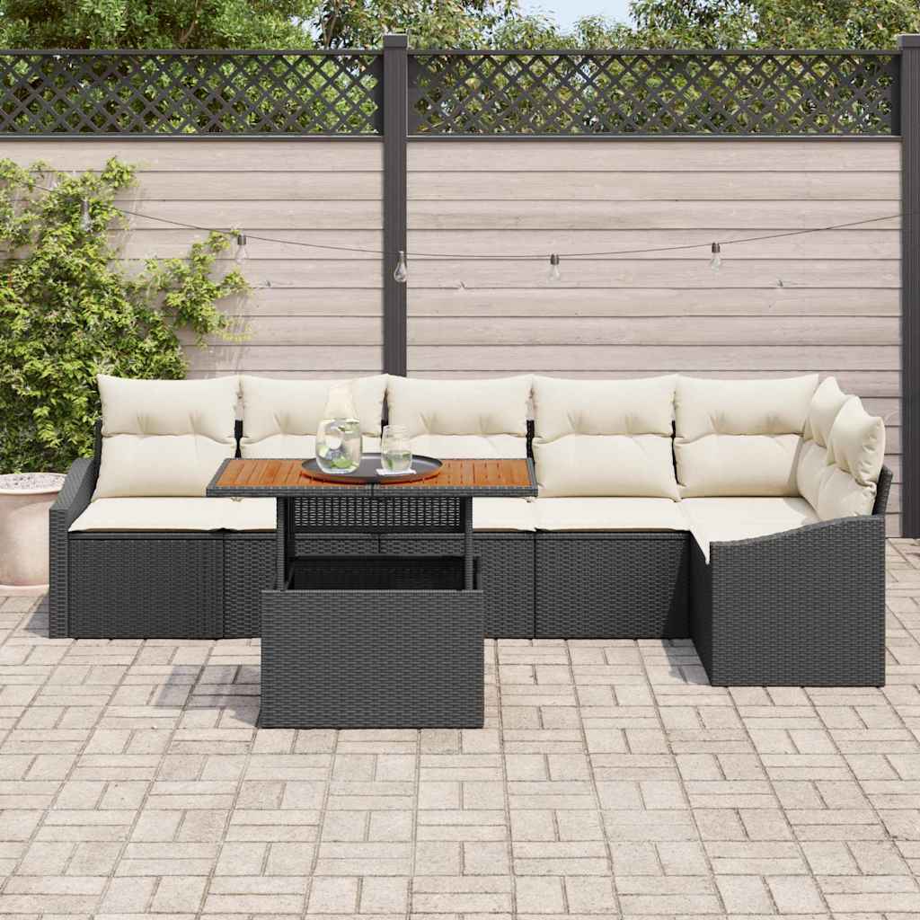 vidaXL Tuin Eettafel Set met kussen 7 pcs Zwart en Crème