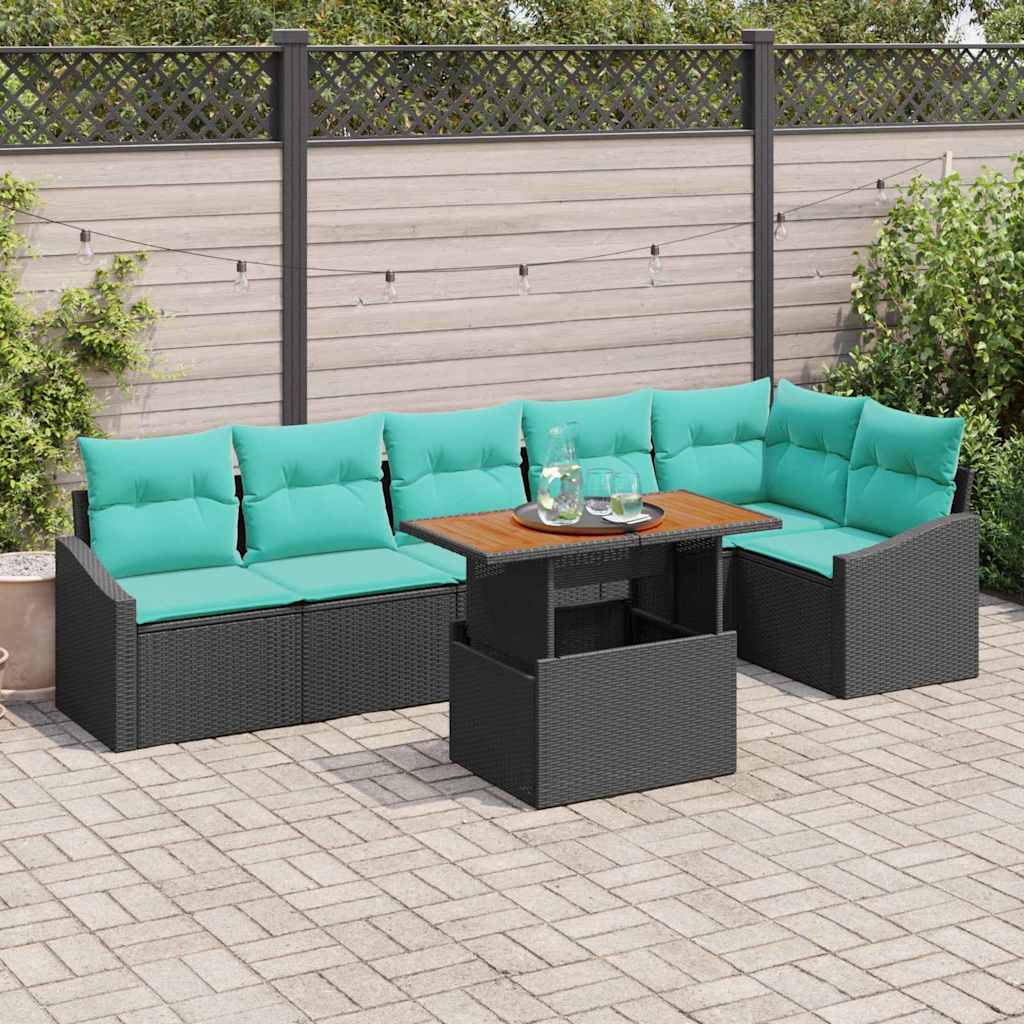 vidaXL Tuin Eettafel Set met kussen 7 pcs Zwart en Blauwgroen
