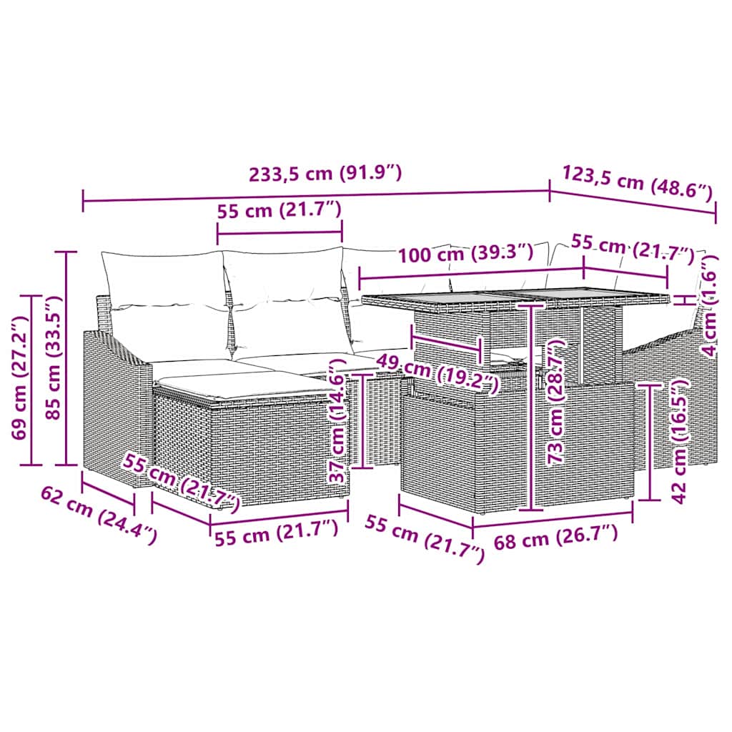 vidaXL Tuin Eettafel Set met kussen 7 pcs Zwart en Crème