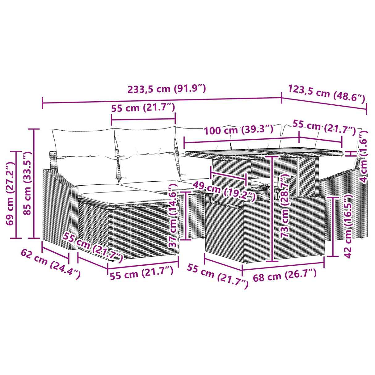 vidaXL Tuin Eettafel Set met kussen 7 pcs Zwart en Blauwgroen