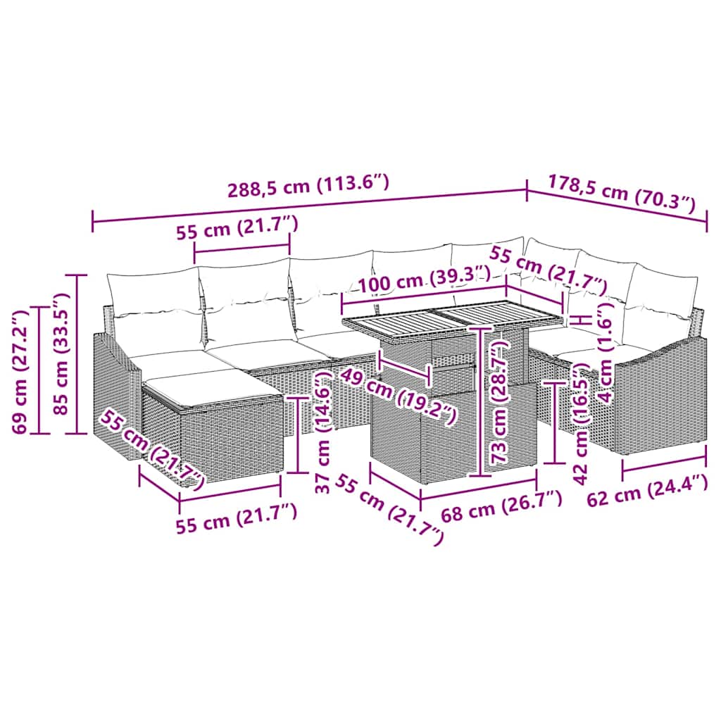 vidaXL Tuin Eettafel Set met kussen 9 pcs Zwart en Crème