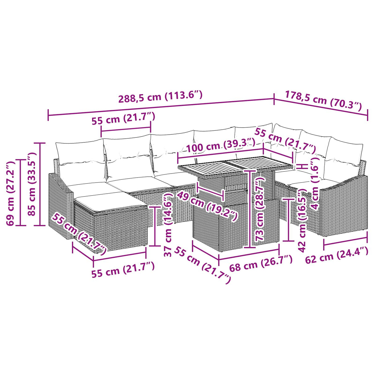vidaXL Tuin Eettafel Set met kussen 9 pcs Zwart en Blauwgroen