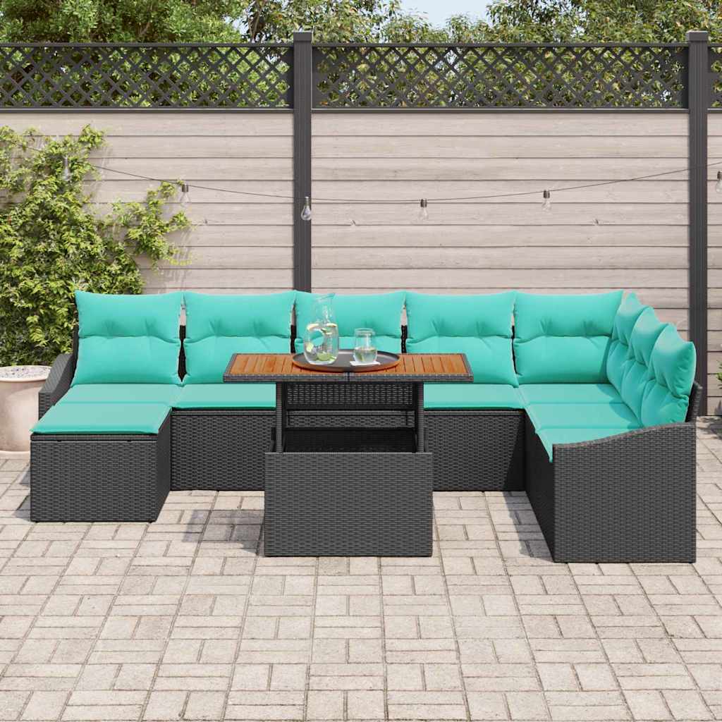 vidaXL Tuin Eettafel Set met kussen 9 pcs Zwart en Blauwgroen