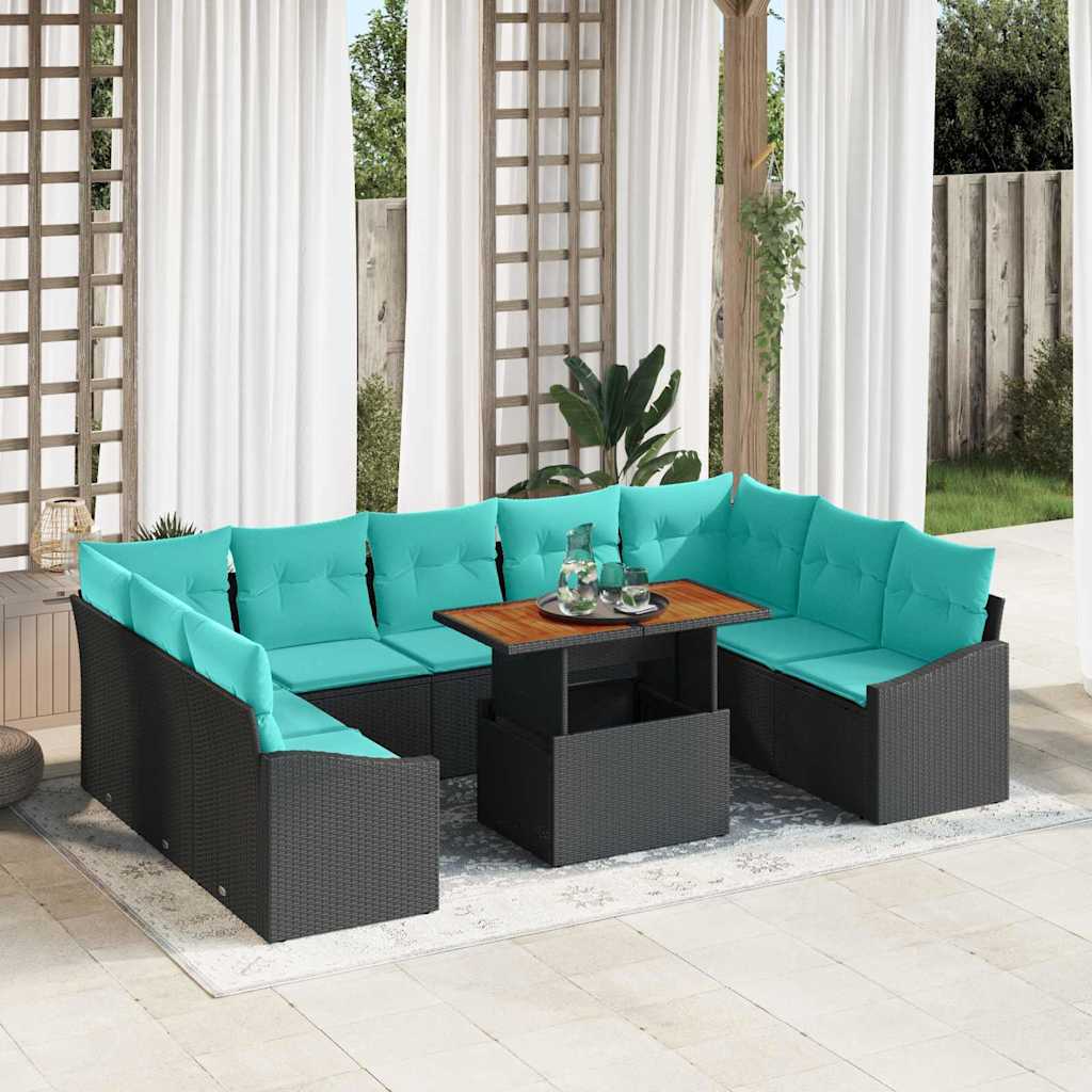 vidaXL Tuin Eettafel Set met kussen 10 pcs Zwart en Blauwgroen