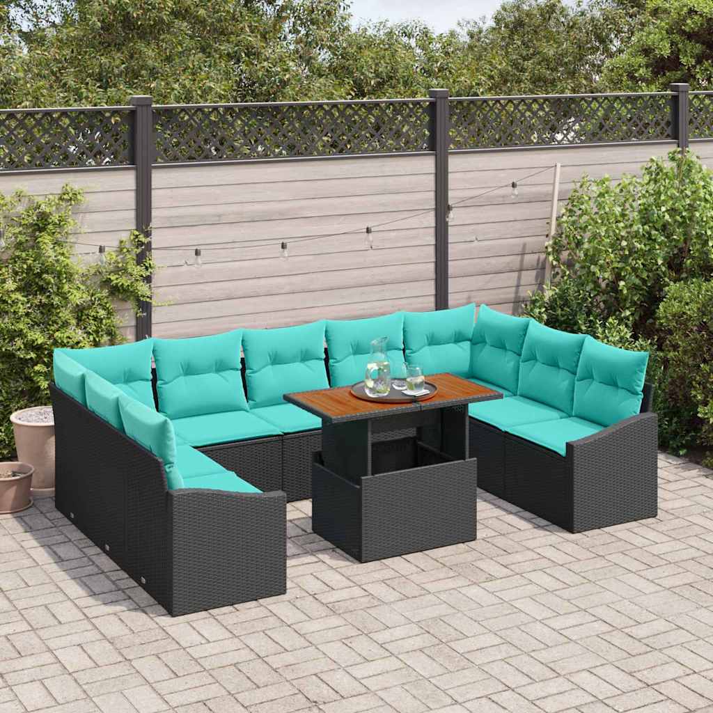 vidaXL Tuin Eettafel Set met kussen 10 pcs Zwart en Blauwgroen