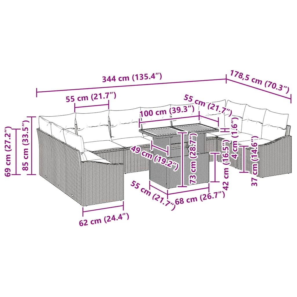 vidaXL Tuin Eettafel Set met kussen 11 pcs Zwart en Crème