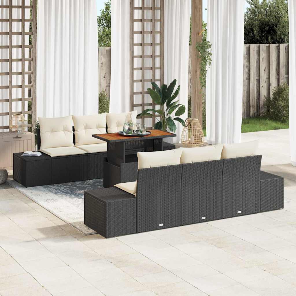 vidaXL Tuin Eettafel Set met kussen 7 pcs Zwart en Crème