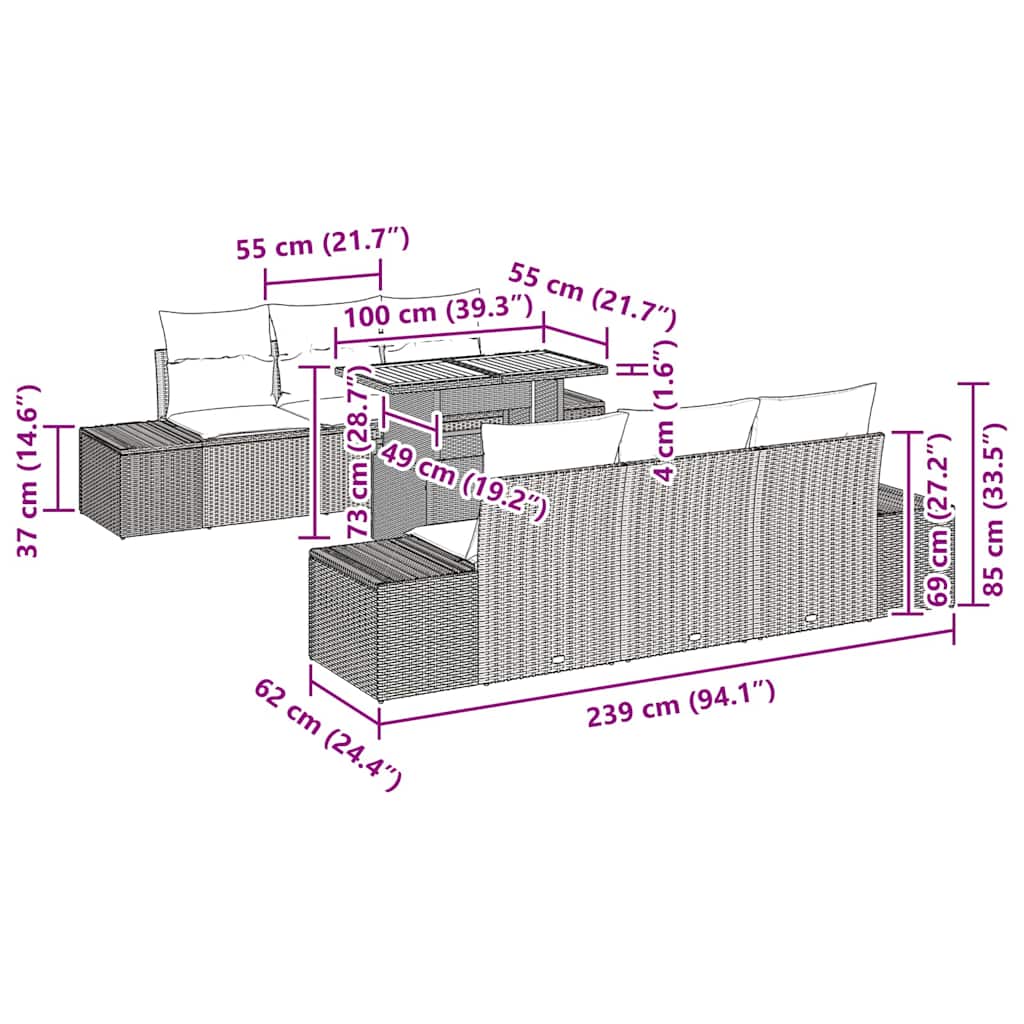 vidaXL Tuin Eettafel Set met kussen 7 pcs Zwart en Crème