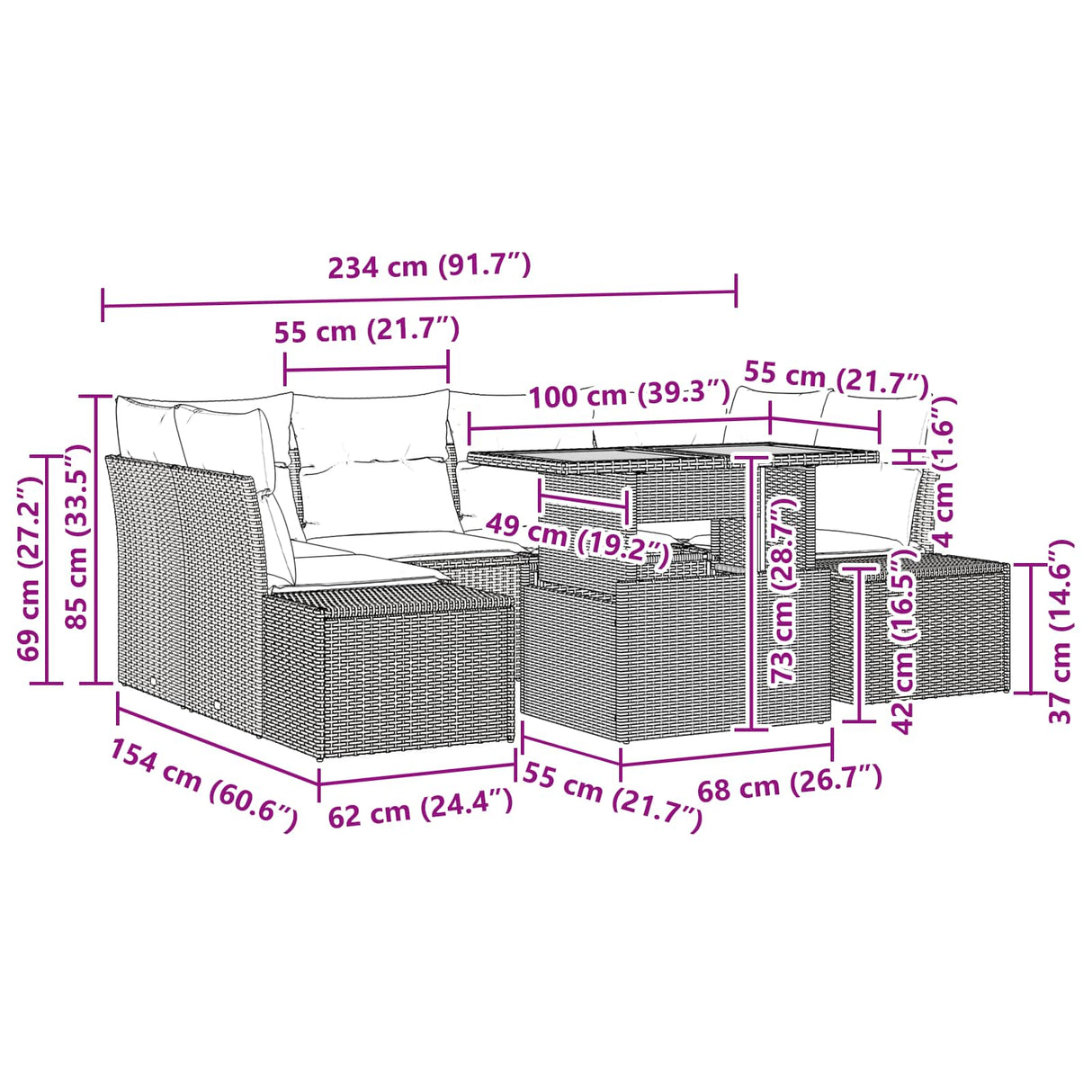 vidaXL Tuin Eettafel Set met kussen 7 pcs Zwart en Blauwgroen