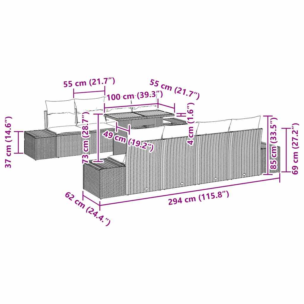 vidaXL Tuin Eettafel Set met kussen 9 pcs Zwart en Crème