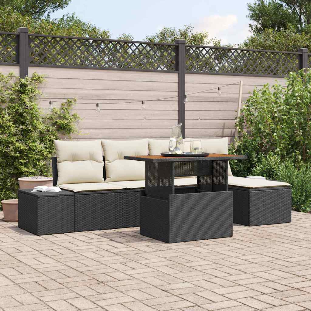 vidaXL Tuin Eettafel Set met kussen 6 pcs Zwart en Crème