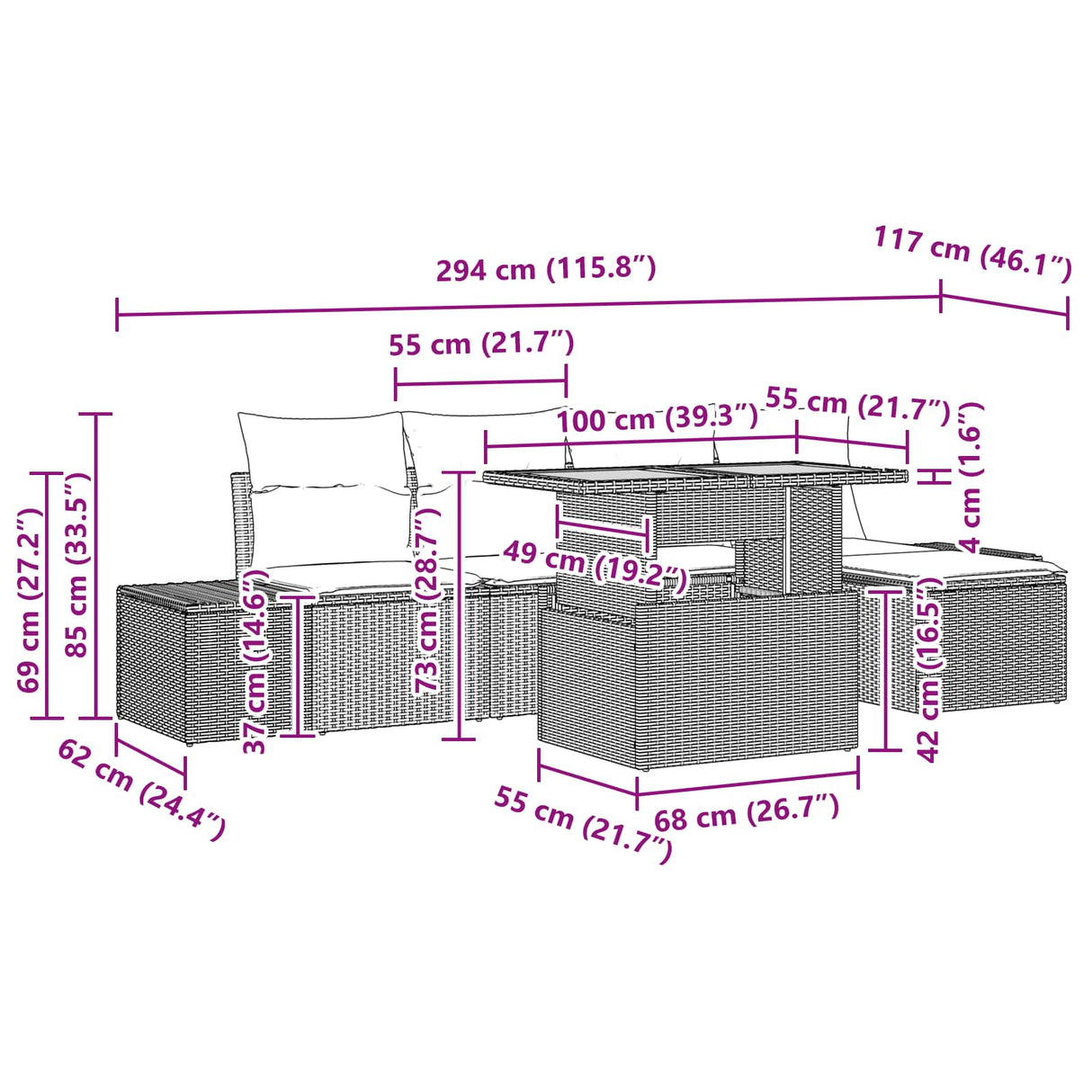 vidaXL Tuin Eettafel Set met kussen 6 pcs Zwart en Blauwgroen