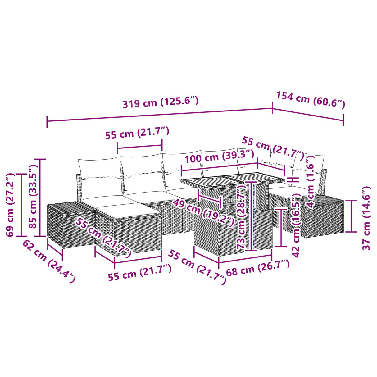 vidaXL Tuinbank Set met kussen met opslag 8 pcs Zwart en Blauwgroen