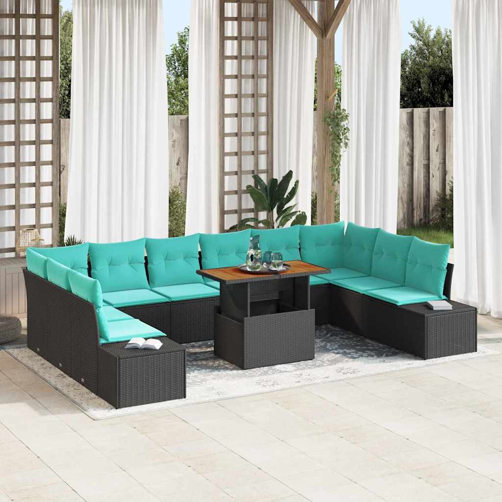 vidaXL Tuin Eettafel Set met kussen 11 pcs Zwart en Blauwgroen