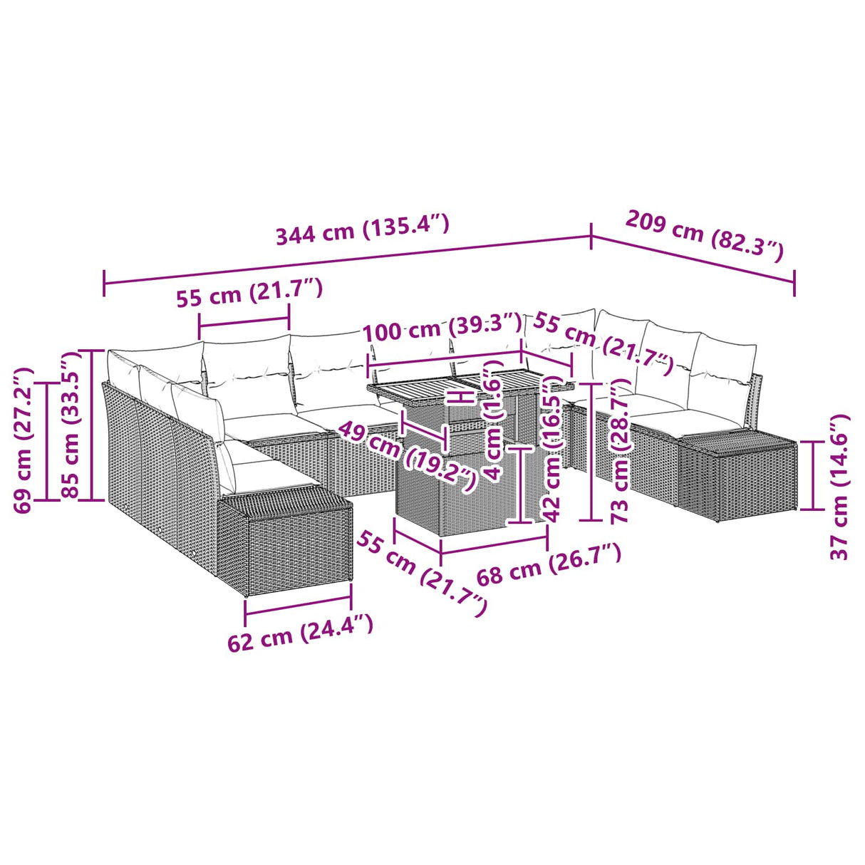 vidaXL Tuin Eettafel Set met kussen 11 pcs Zwart en Blauwgroen
