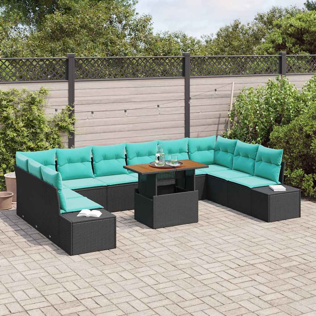 vidaXL Tuin Eettafel Set met kussen 11 pcs Zwart en Blauwgroen