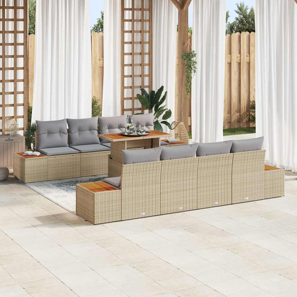 vidaXL Tuin Eettafel Set met kussen 9 pcs Zwart en Beige
