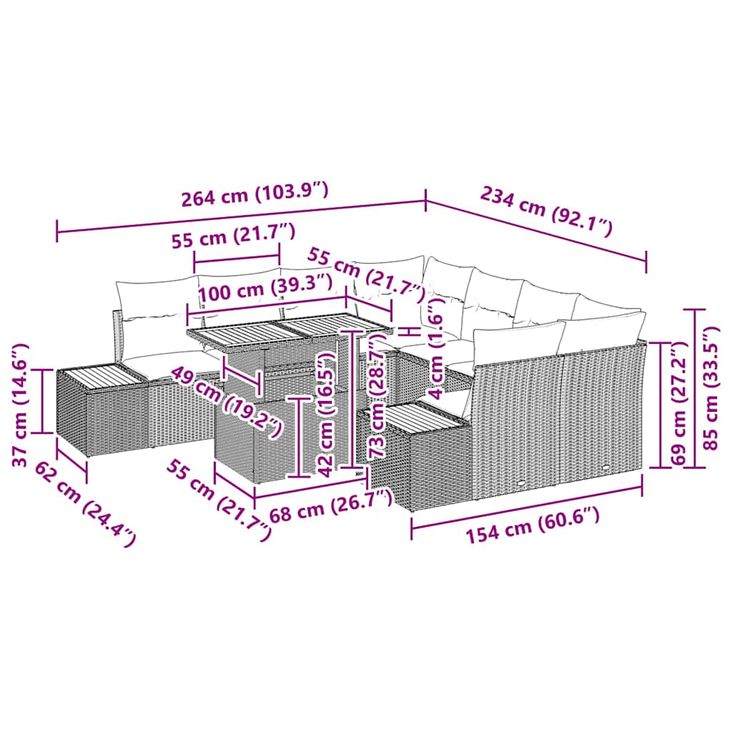 vidaXL Tuin Eettafel Set met kussen 9 pcs Zwart en Beige