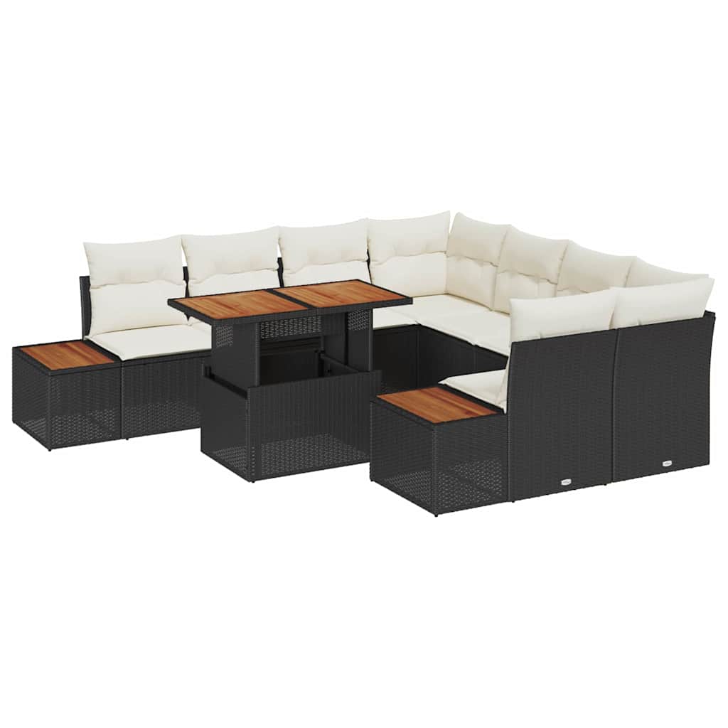 vidaXL Tuin Eettafel Set met kussen 9 pcs Zwart en Beige