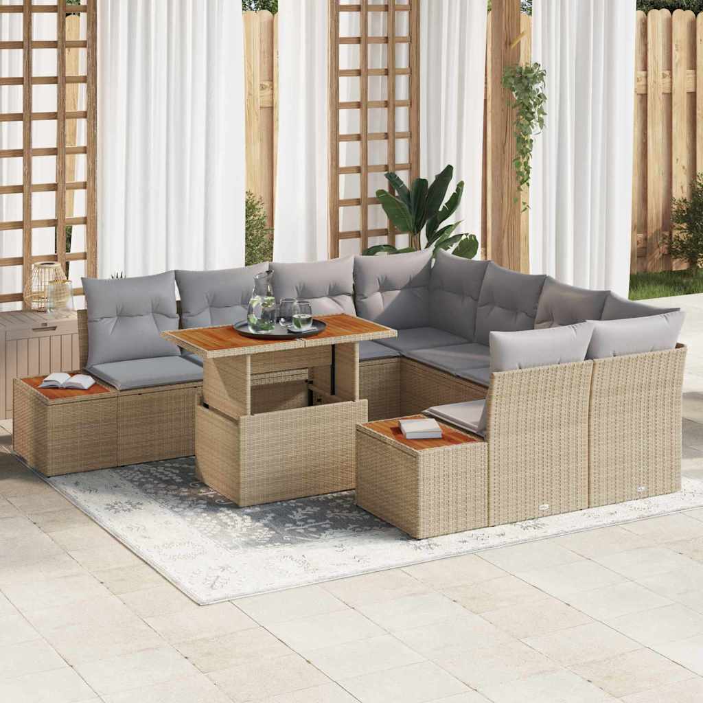 vidaXL Tuin Eettafel Set met kussen 9 pcs Zwart en Beige