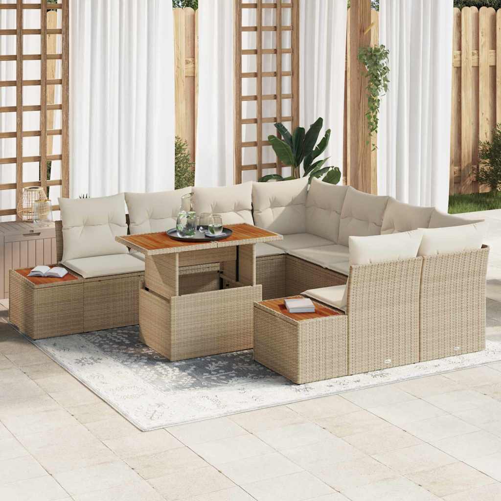 vidaXL Tuin Eettafel Set met kussen 9 pcs Zwart en Beige