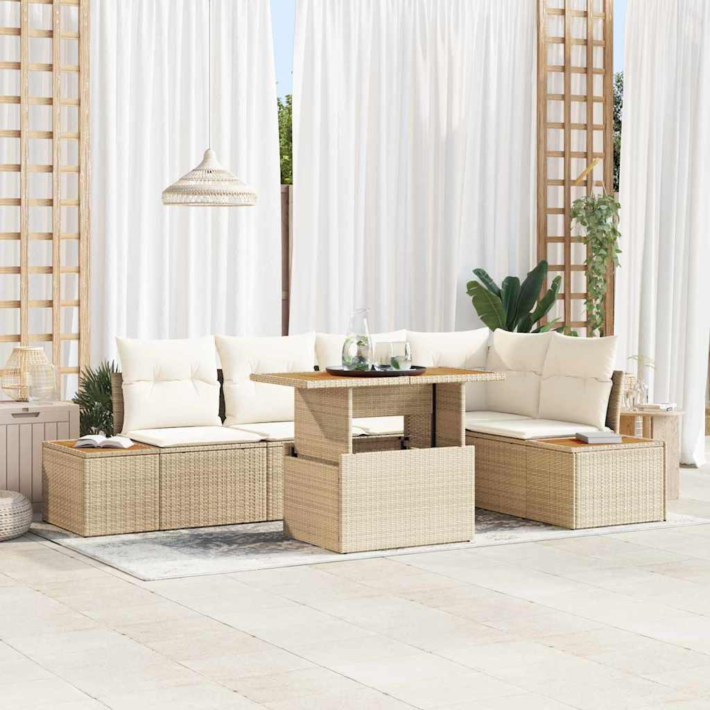 vidaXL Tuin Eettafel Set met kussen 6 pcs Zwart en Beige
