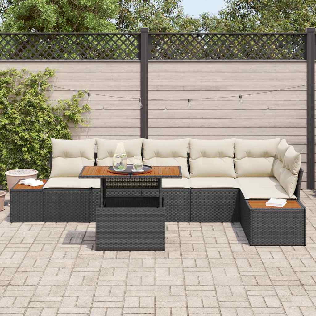 vidaXL Tuin Eettafel Set met kussen 7 pcs Zwart en Beige