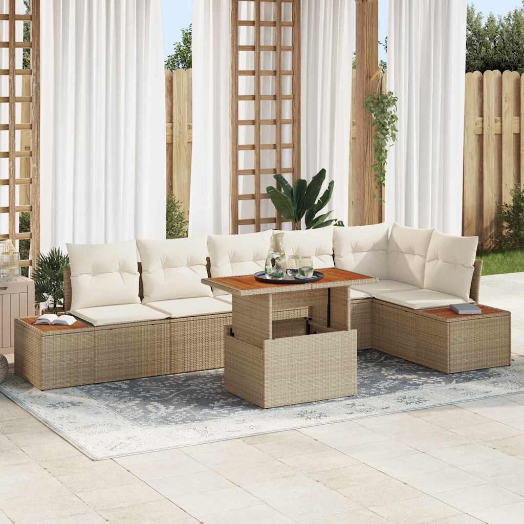 vidaXL Tuin Eettafel Set met kussen 7 pcs Zwart en Beige