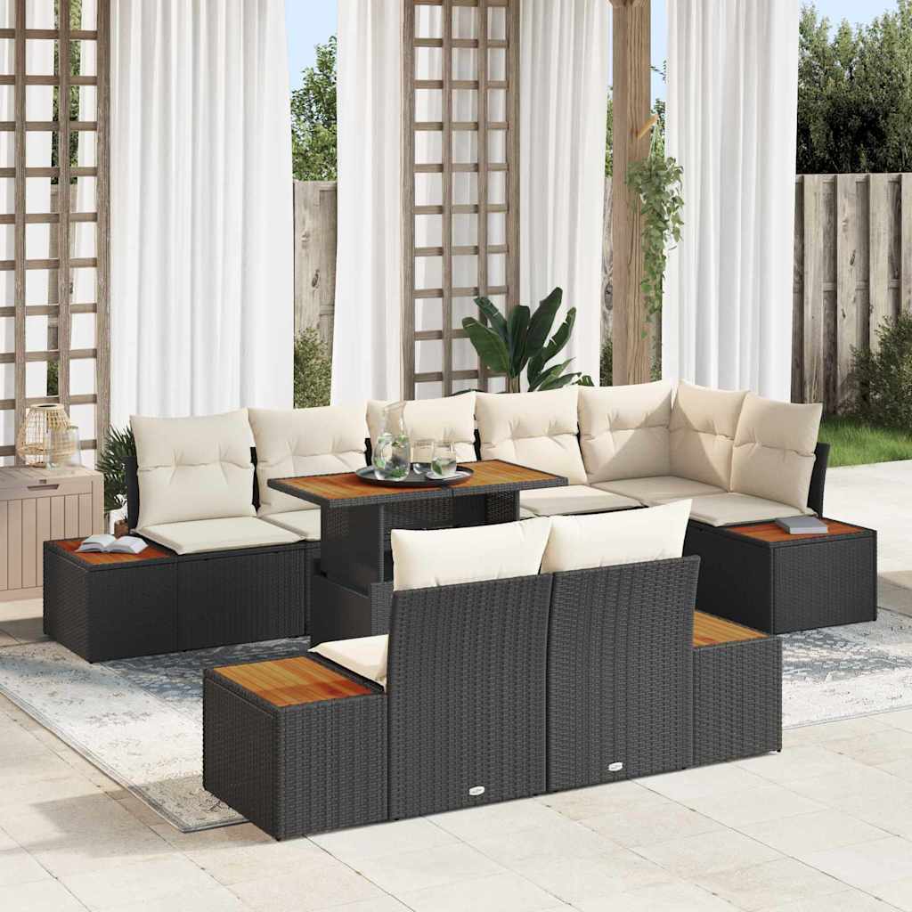 vidaXL Tuin Eettafel Set met kussen 9 pcs Zwart en Beige