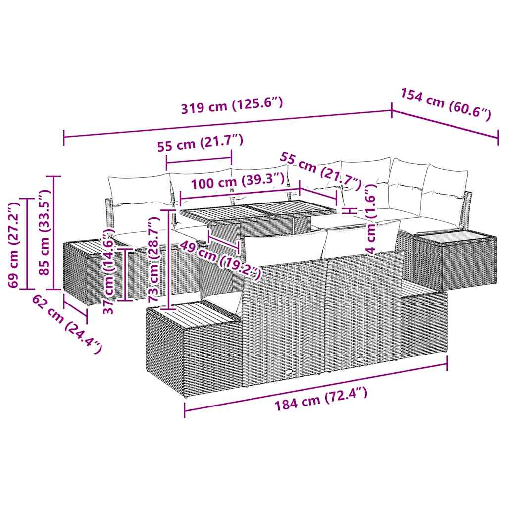 vidaXL Tuin Eettafel Set met kussen 9 pcs Zwart en Beige