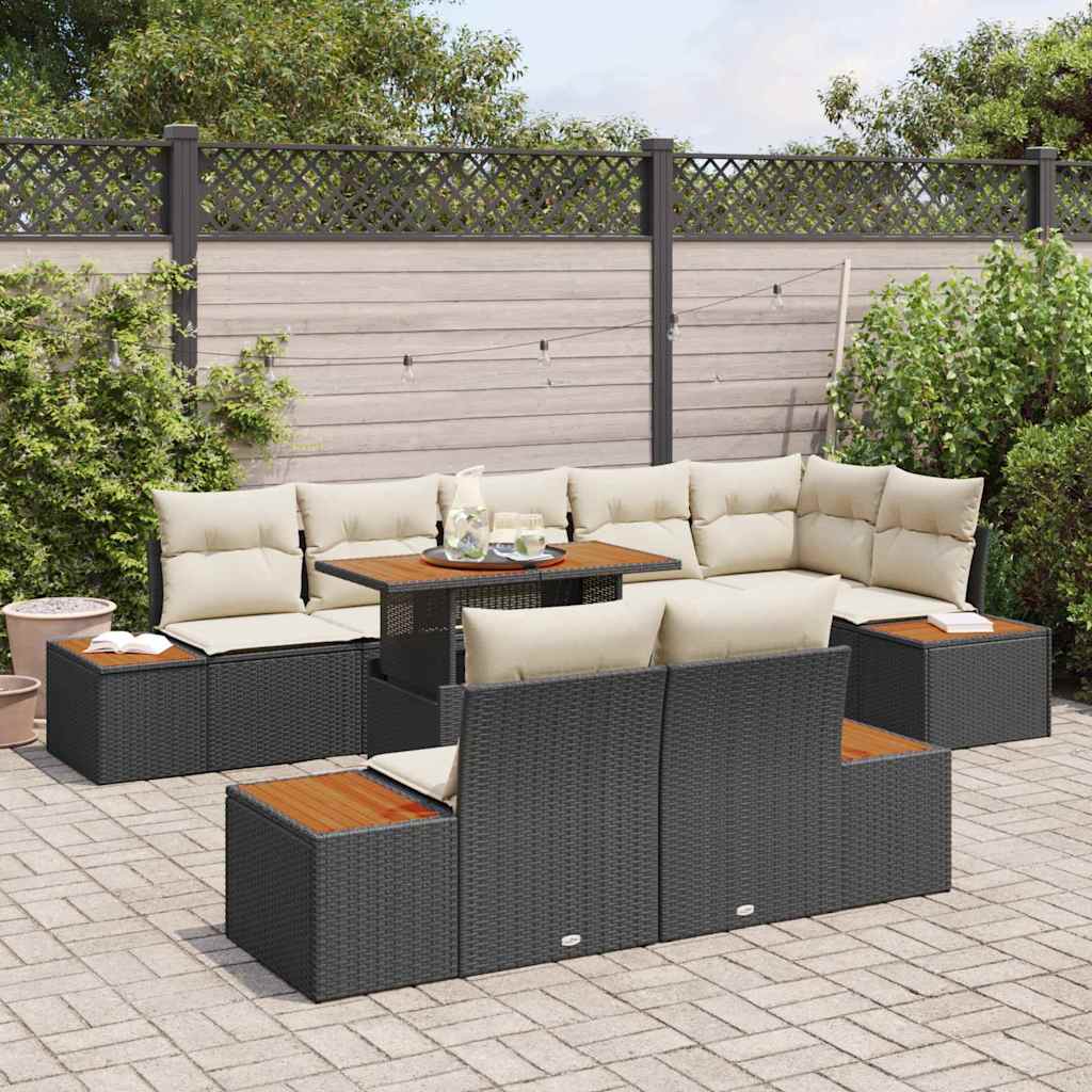 vidaXL Tuin Eettafel Set met kussen 9 pcs Zwart en Beige