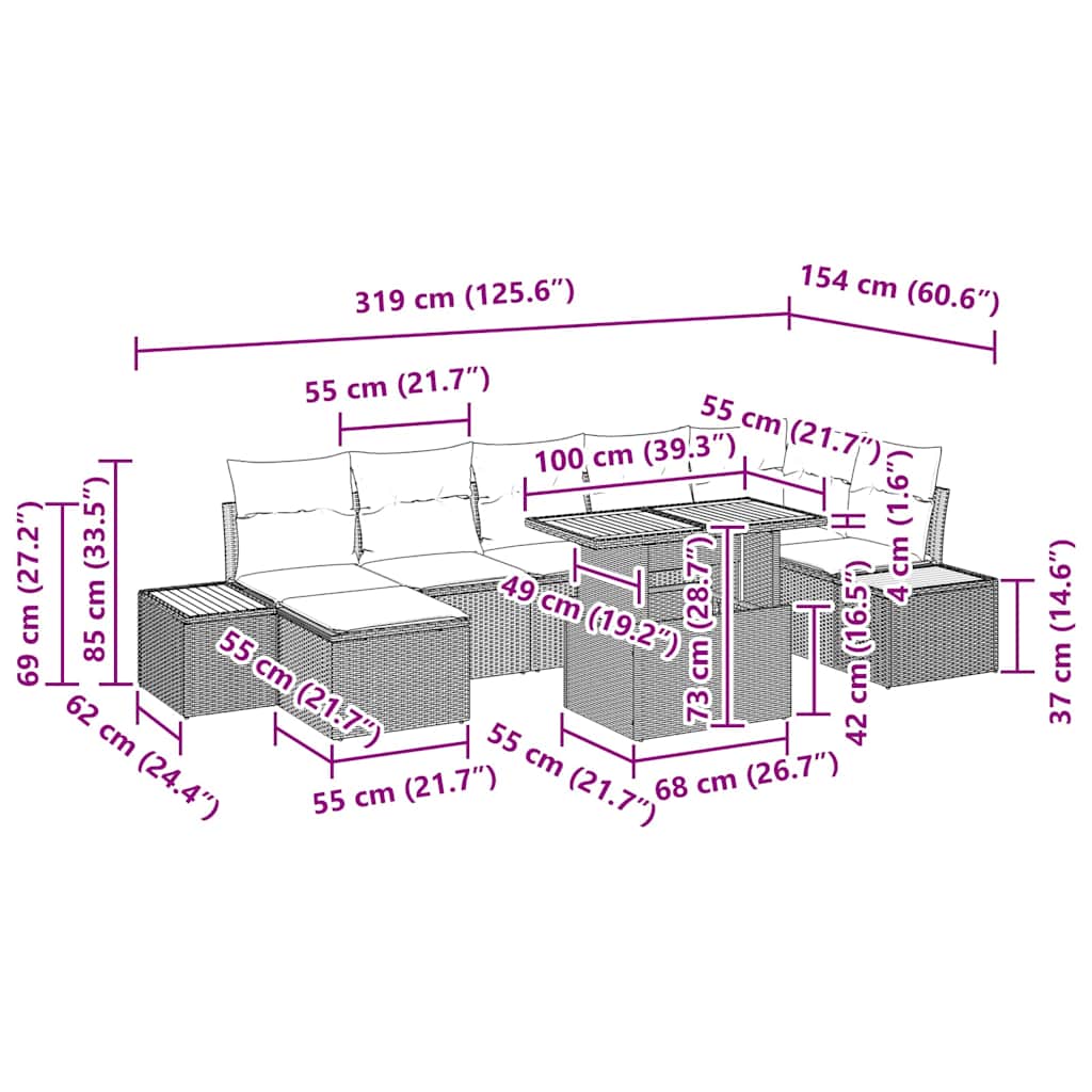 vidaXL Tuin Eettafel Set met kussen 8 pcs Zwart en Beige