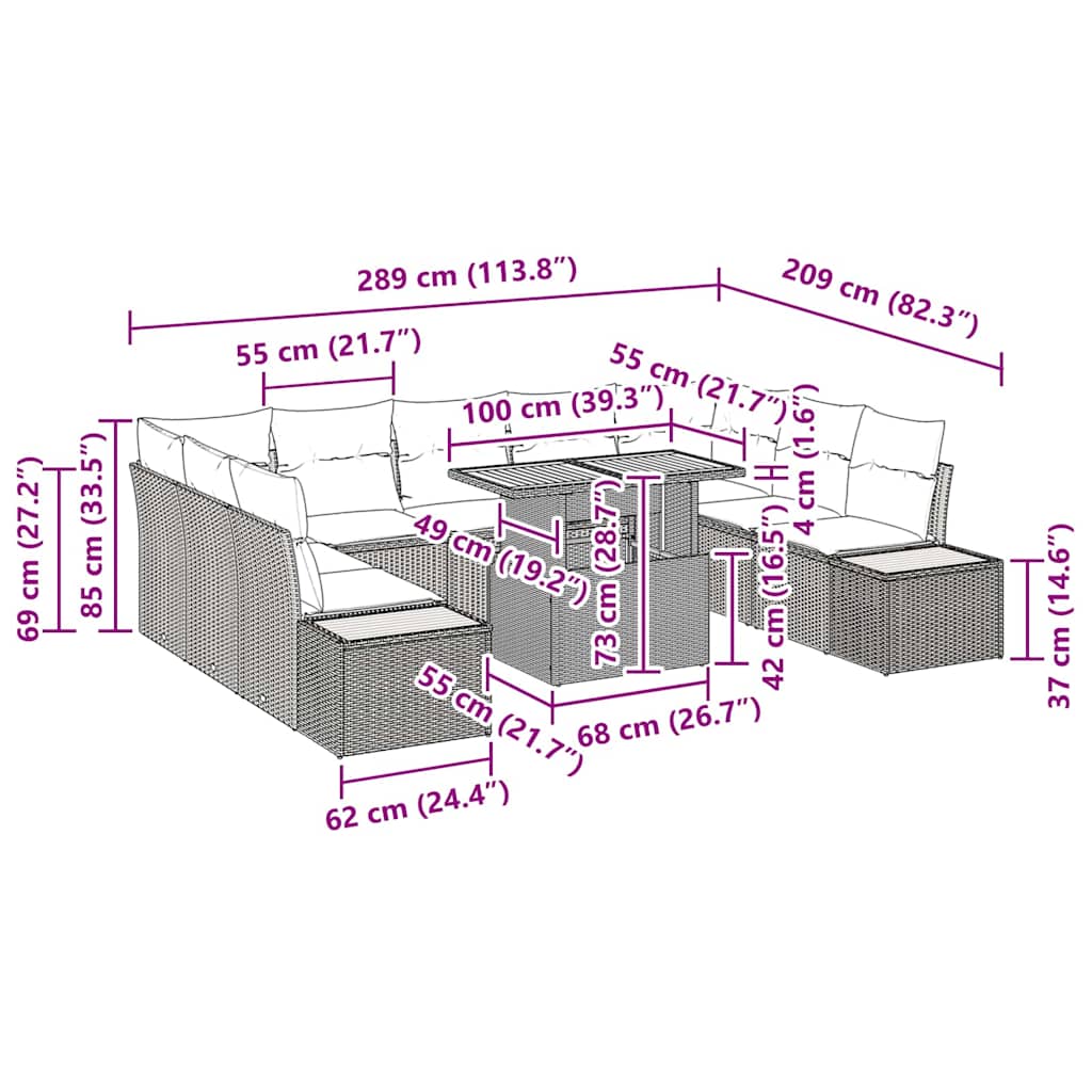 vidaXL Tuin Eettafel Set met kussen 10 pcs Zwart en Beige