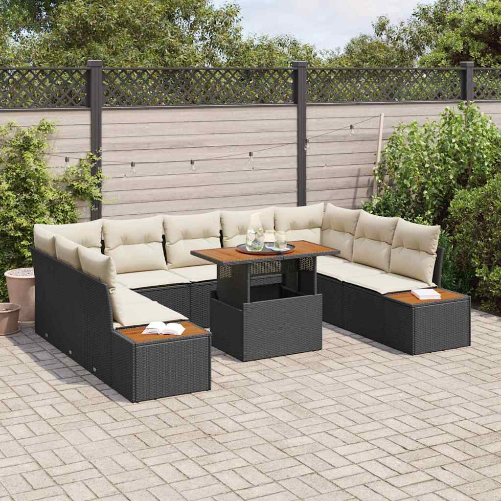vidaXL Tuin Eettafel Set met kussen 10 pcs Zwart en Beige