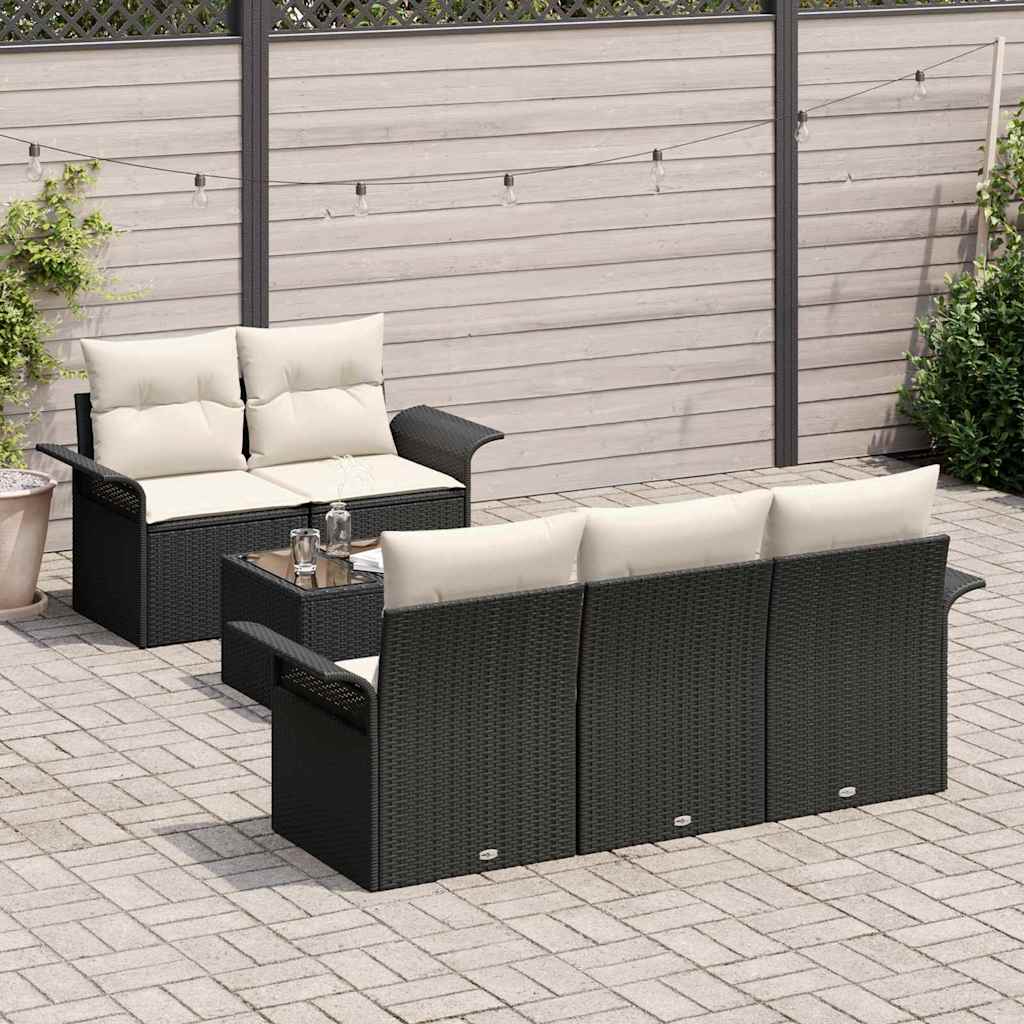 vidaXL Tuinbank Set 6 pcs Zwart en Crème Poly rattan, staal en glas