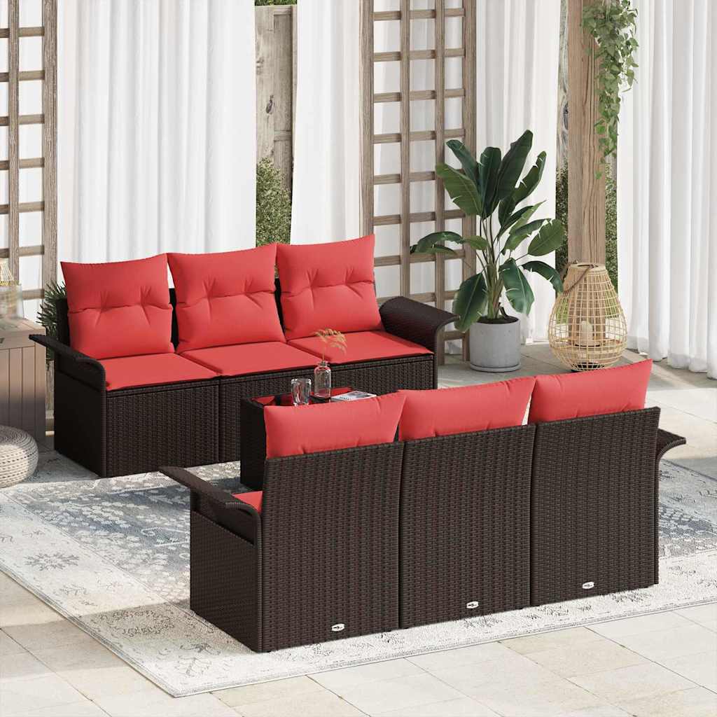 vidaXL Tuinbank Set 7 pcs Beige Rood Poly rattan, staal en glas