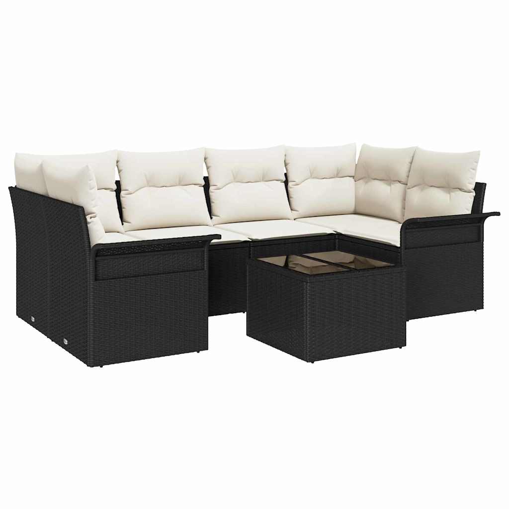 vidaXL Tuinbank Set 7 pcs Zwart en Crème Poly rattan, staal en glas