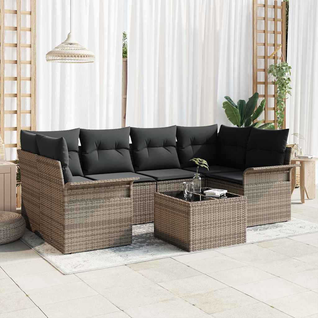 vidaXL Tuinbank Set 7 pcs Zwart en Crème Poly rattan, staal en glas